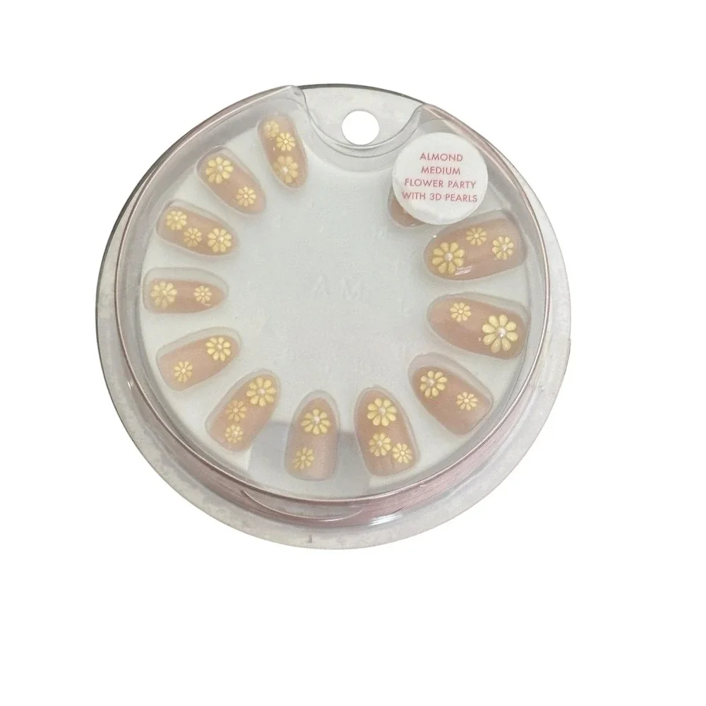 Flower Party Press On Nails Almond Medium Yellow Daisy Floral 3D Pearls 32ct